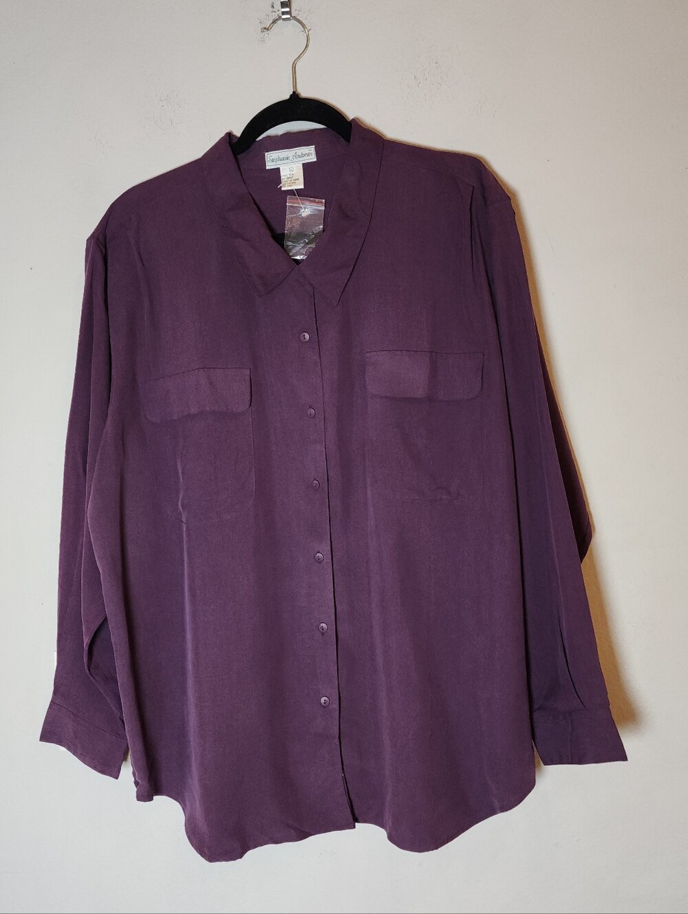 New 100% Silk Purple Long Sleeve Blouse Top Stephanie Andrews Women's Size XL